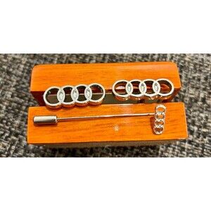 AUDI 4 Four Rings Logo Silver Tone Cufflinks, Tie Pin and Case